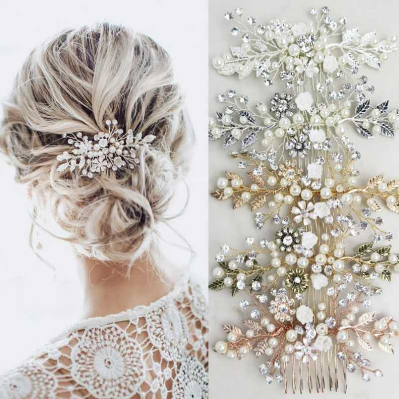 Wedding Tiara Wedding Hair Comb Leaf Flower Bridal Hairpins Pearl Rhinestone Head Jewelry Girls Wedding Crystal Hair AccessoriesX240913