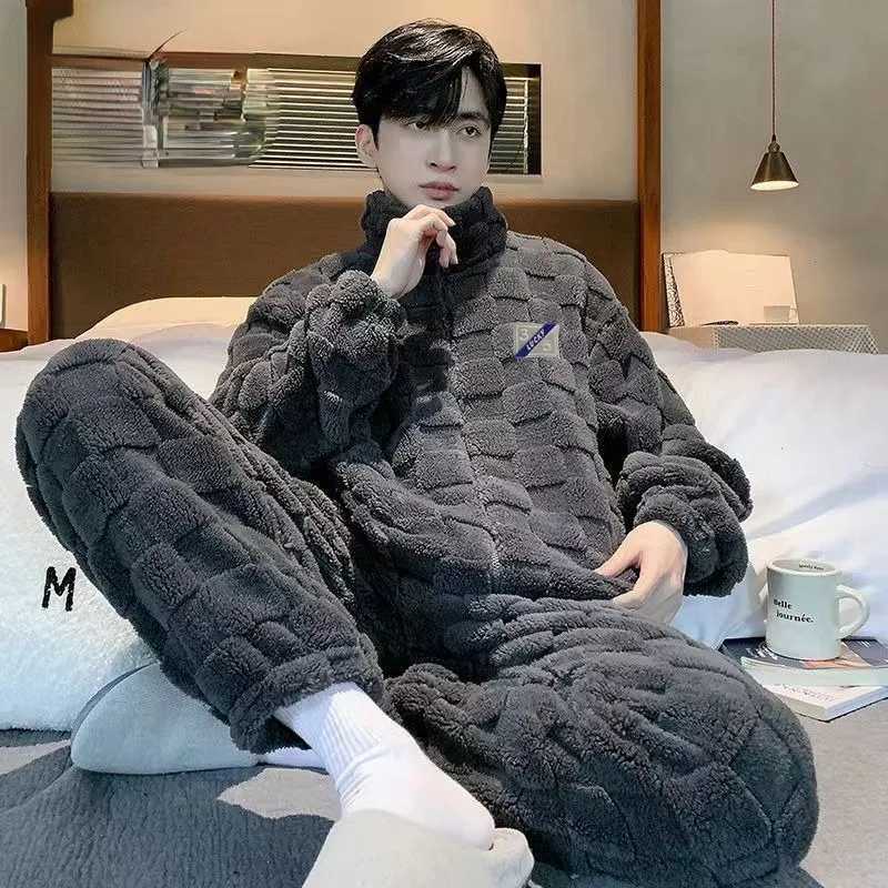 2023 New Pajamas Mens Winter Coral Fleece Nightwear Thickened Flannel Autumn Loungewear Warm Plus-size Mens Sleepwear Y240913
