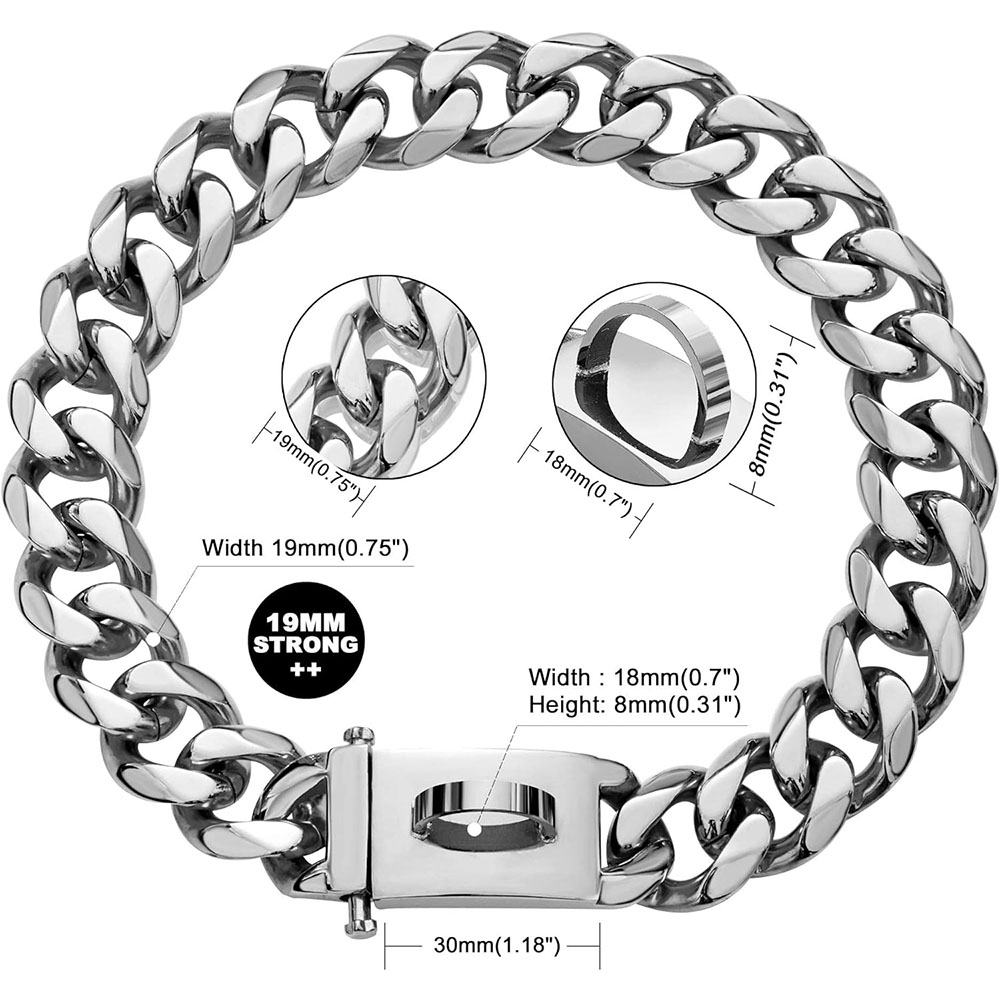 Big Dog Chain Collar with Buckle Strong Heavy Duty 19MM Thick Wide Stainless Steel Metal Cuban Link Chain Collar for Large Dogs