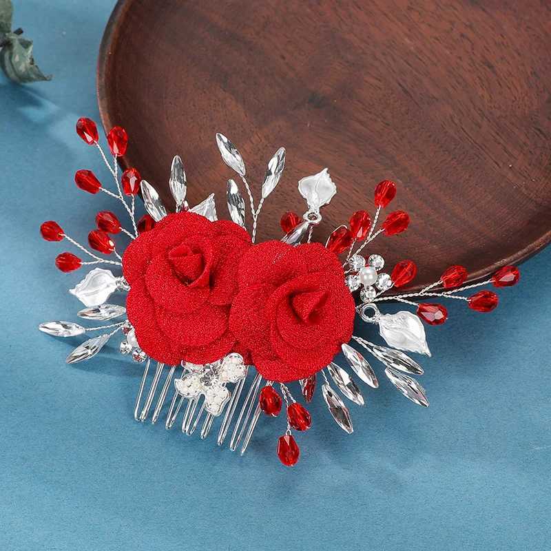 Fashion Crystal Wedding Hair Comb Hair Accessories Bride Red Flower Headpiece Wedding Headband Women Tiara Wedding Hair ClipsX240913