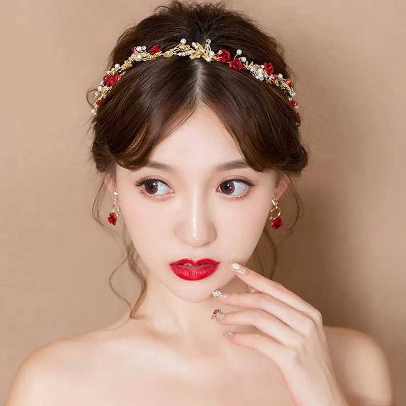 Elegant Girls Bridal Headband Red Cloth Flower Pearl Hair Headdress Flower Wreath Bride Garland Head Hoop Wedding HeadbandsX240913