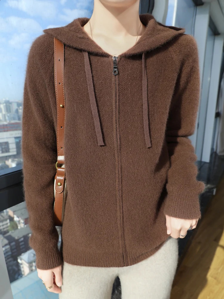 Womens zipper hooded cardigan autumn thick casual loose style cashmere sweater 100% Merino wool knitted top 240906