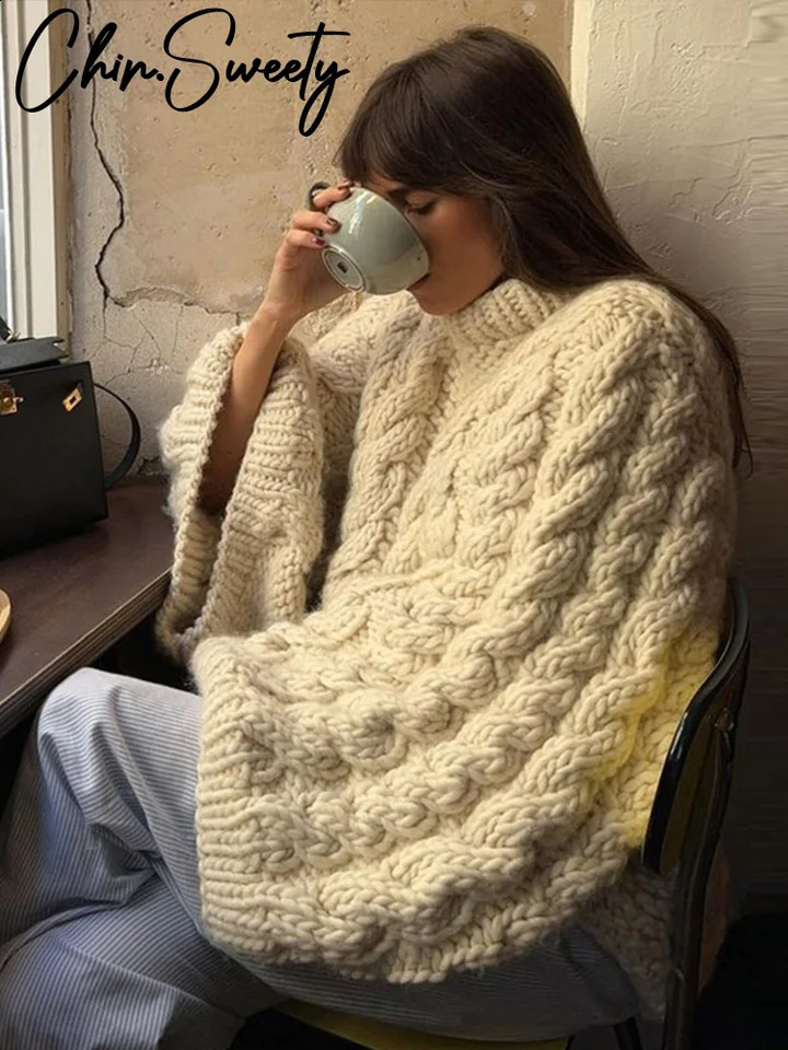 Oversize High Neck Knit Pullover Women Lazy Round Kink Solid Sweater Female 2024 Autumn Winter Warm Lady Sweaters 240912