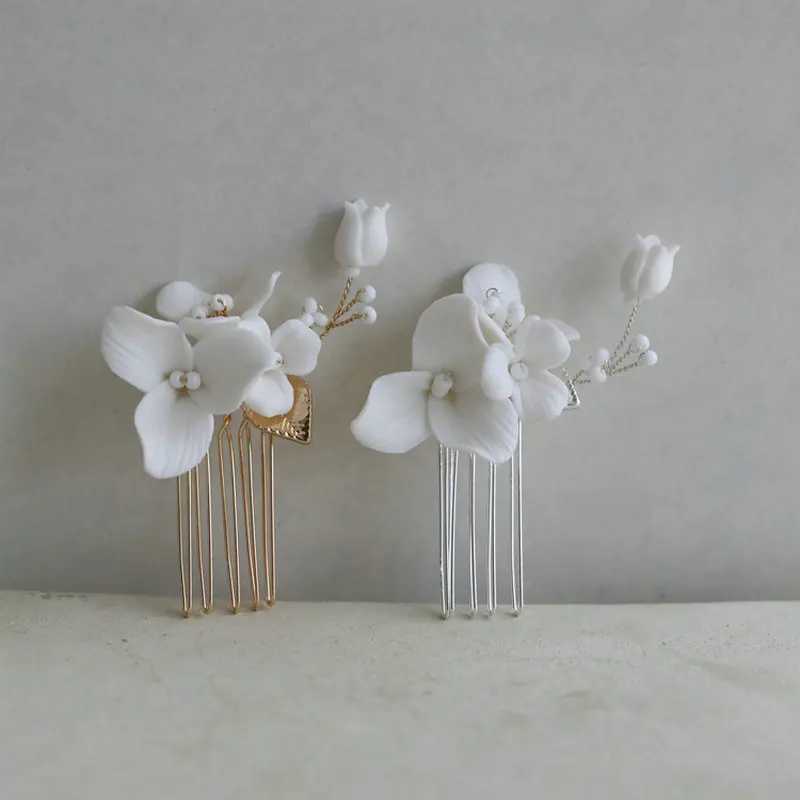 Delicate Ceramic Rose Flower Bridal Hair Comb Gold Silver Color Leaf Women Headpiece Wedding AccessoriesX240913