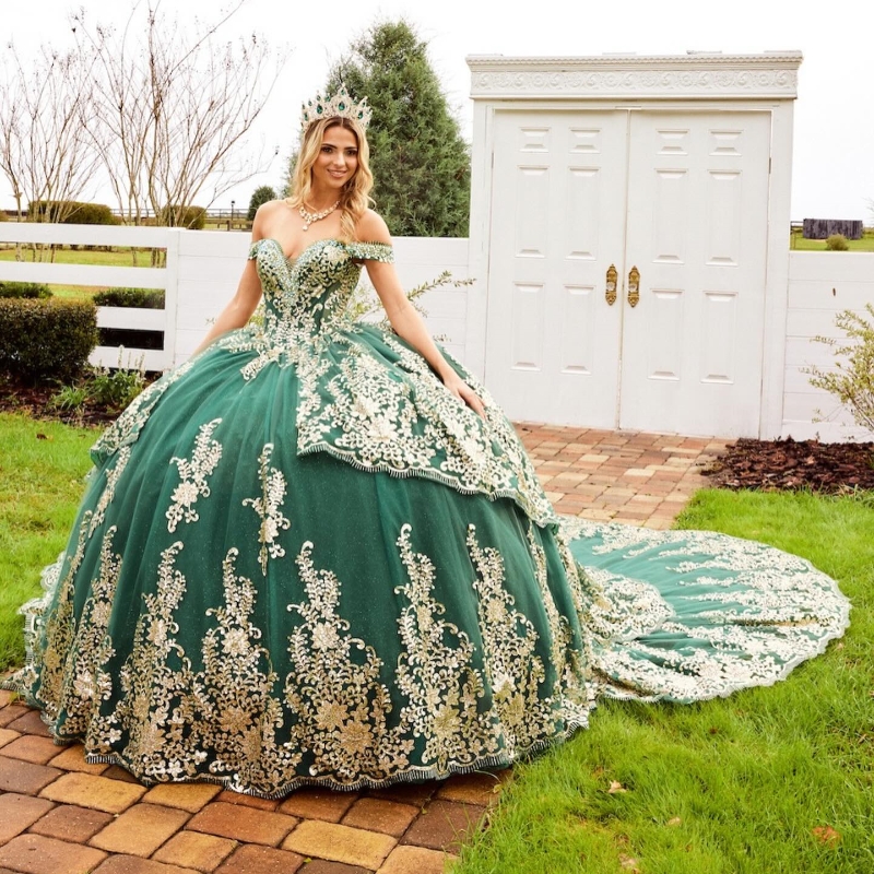 Green Shiny Quinceanera Dresses Ball Gown Sequins Gold Applique Lace Pearls Tull Mexico Corset Sweet 16 Dress Vestidos De 15 Anos