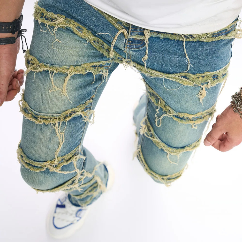Men Retro Style Stacked Spliced Slim Straight Biker Jeans Pants Streetwear Male Casual Denim Trousers 240912