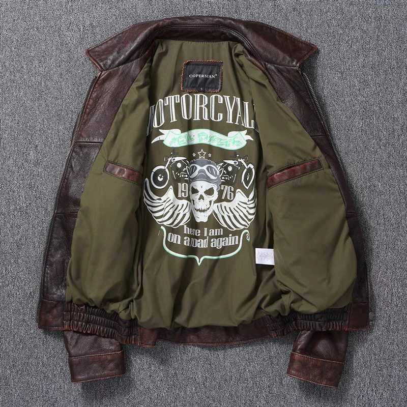 New Mens Genuine Leather Jacket Vintage Stone Milled Top Layer Cowhide Bomber Jacket A2 Brown Mens Calfskin Motorcycle JacketX240913