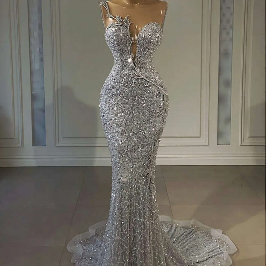 Evening Dress Crystal Sier 2024 Lace Beaded Mermaid Sequined Prom Formal Gowns Sheer Neck Robe De Soiree Vestidos Feast Formales Es Dr0320
