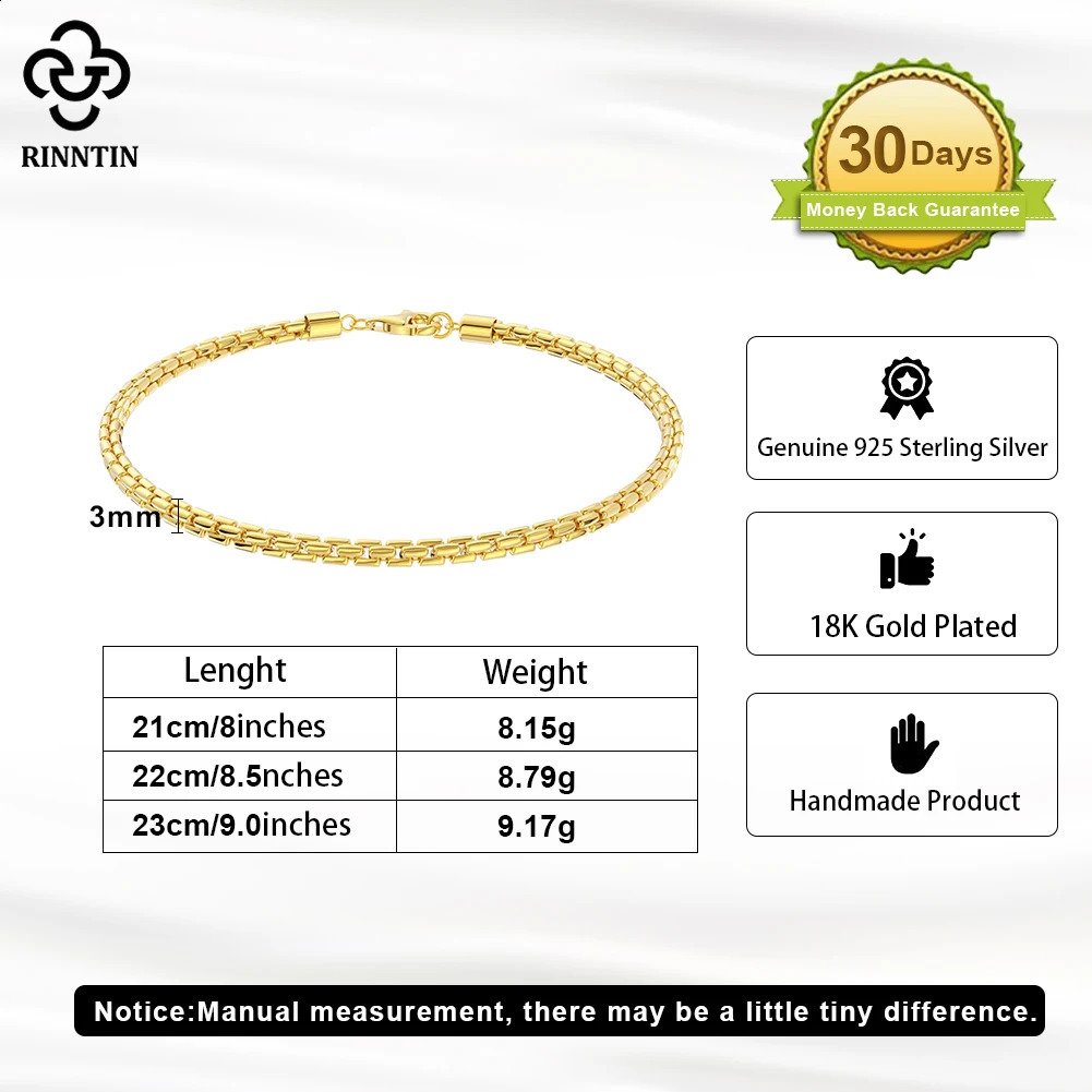 Rintin genuine Italian 3mm round box mens chain bracelet 925 sterling silver original fashionable bracelet jewelry NMB01 240909