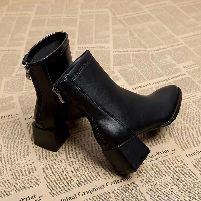 Autumn Winter Warm Fur Women Ankle Boots Fashion Elegant Back Zippers Shoes Thick Heel Womens Modern Short Booties 240904