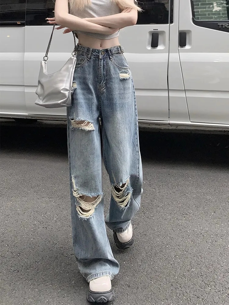 Jeans Y2K Korean Retro American ripped jeans women floor mopping high waist straight loose wide leg pants