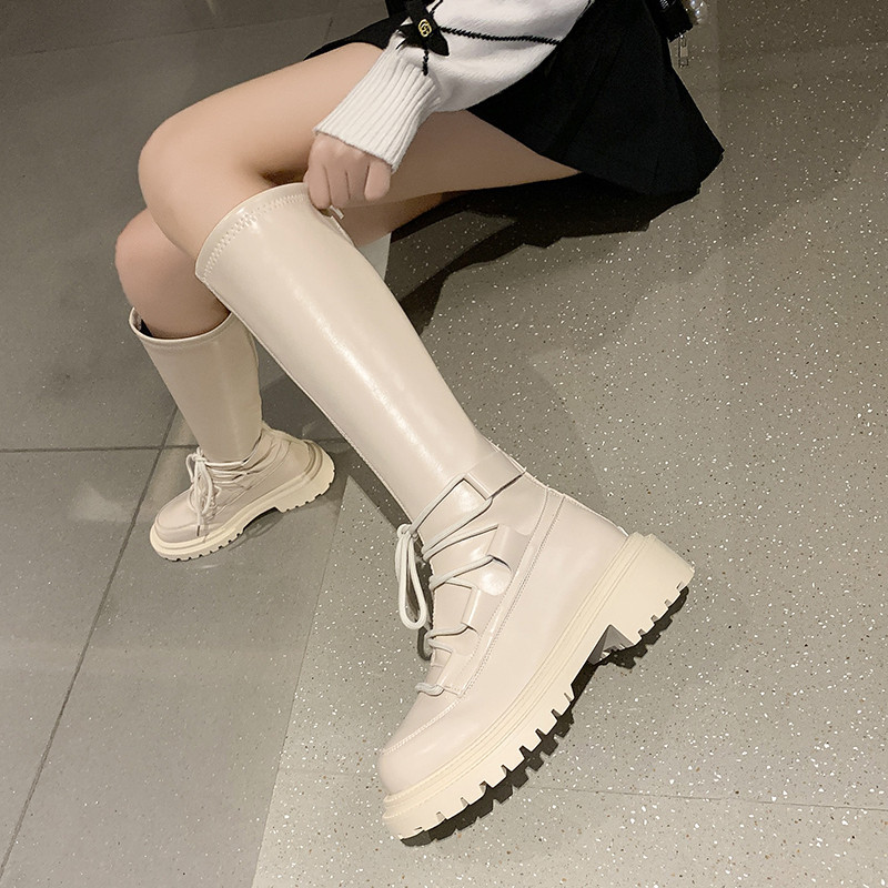 Lady Shoes Boots Round Toe Mid-Calf Rubber Mid Calutumn Stockings Low Lolita Summer Stretch Fabric Solid Slip-On Lace-Up PU f4fd