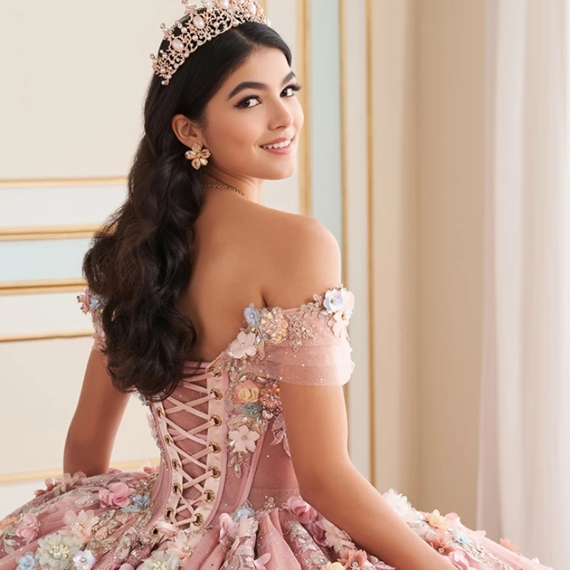Princess Pink Quinceanera Dresses Off The Shoulder Ball Gown Sweet Dress Appliques Lace Tull Birthday Party Vestidos De D