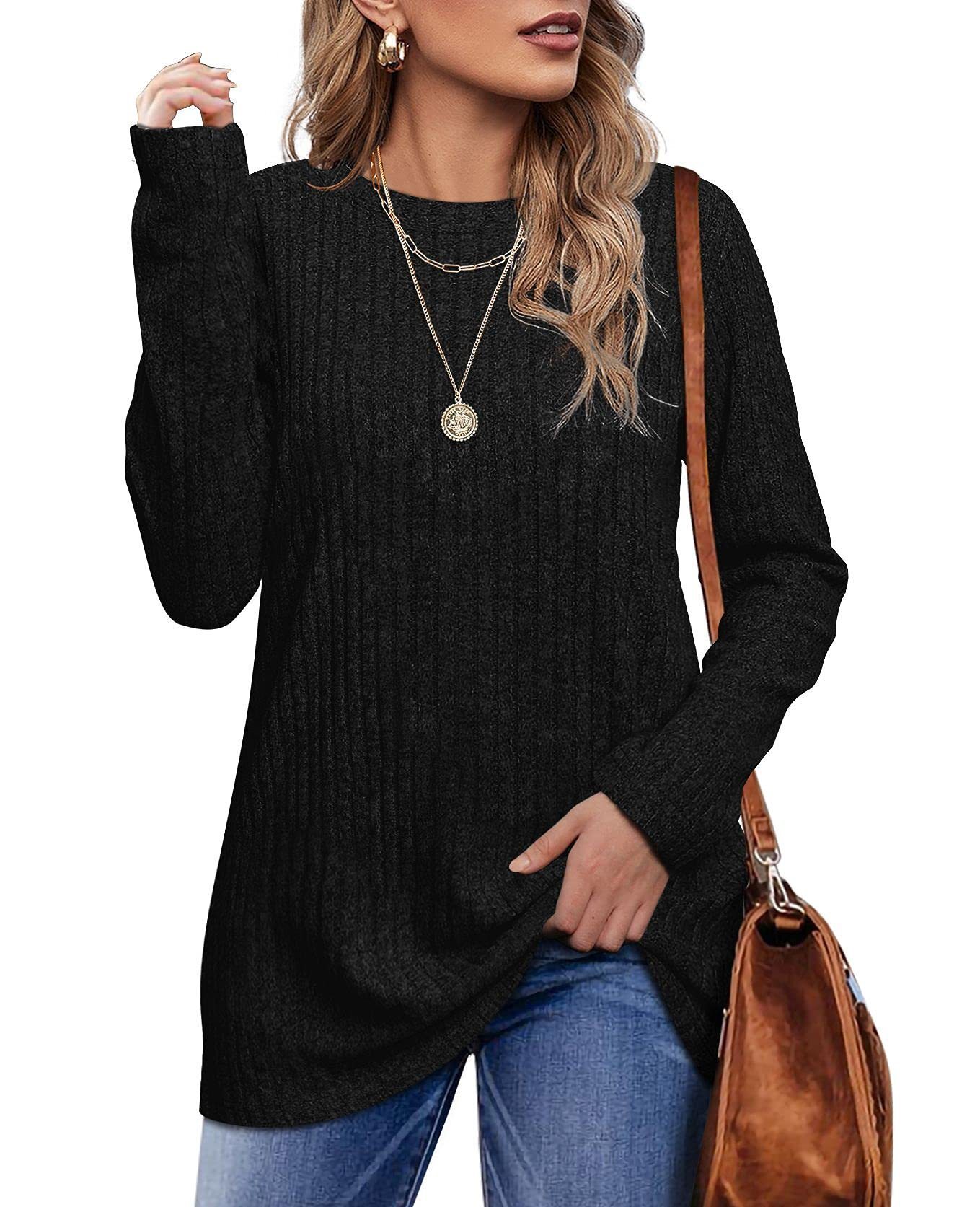 2024 new autumn and winter round neck brushed pit stripe solid color top long sleeved T-shirt for women