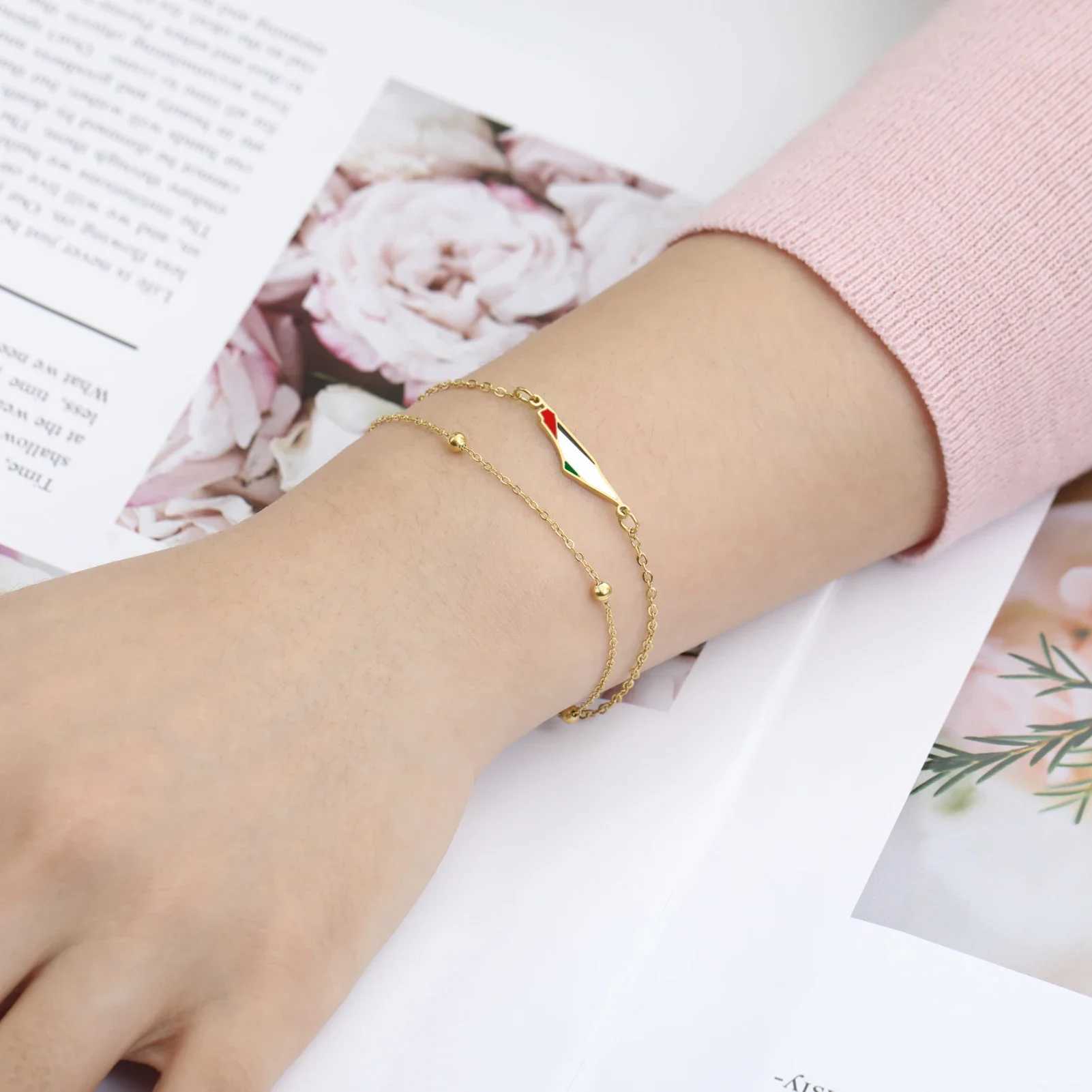 Cazador Palestine Map Double Layers Beads Chain Bracelets for Women Stainless Steel Jewelry Charm Bracelet Gift 2024 WholesaleX240913