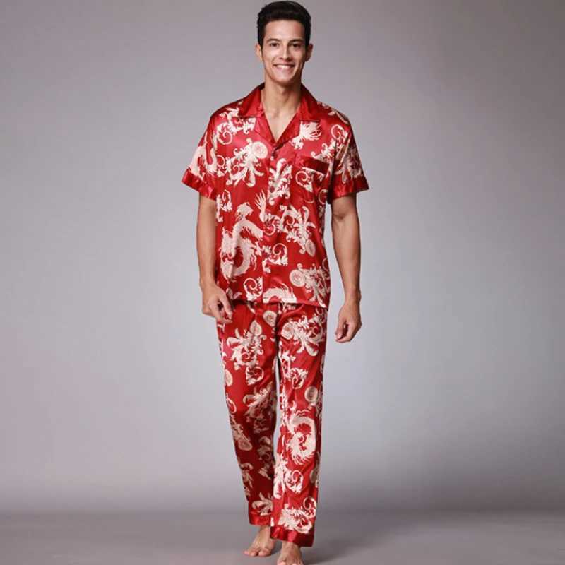 SSH021 Autumn Summer Loungewear Short Sleeves Long Pants Pajama Set Men Printed Satin Silk Pyjamas Male Pajamas Pijama Sleepwear Y240913