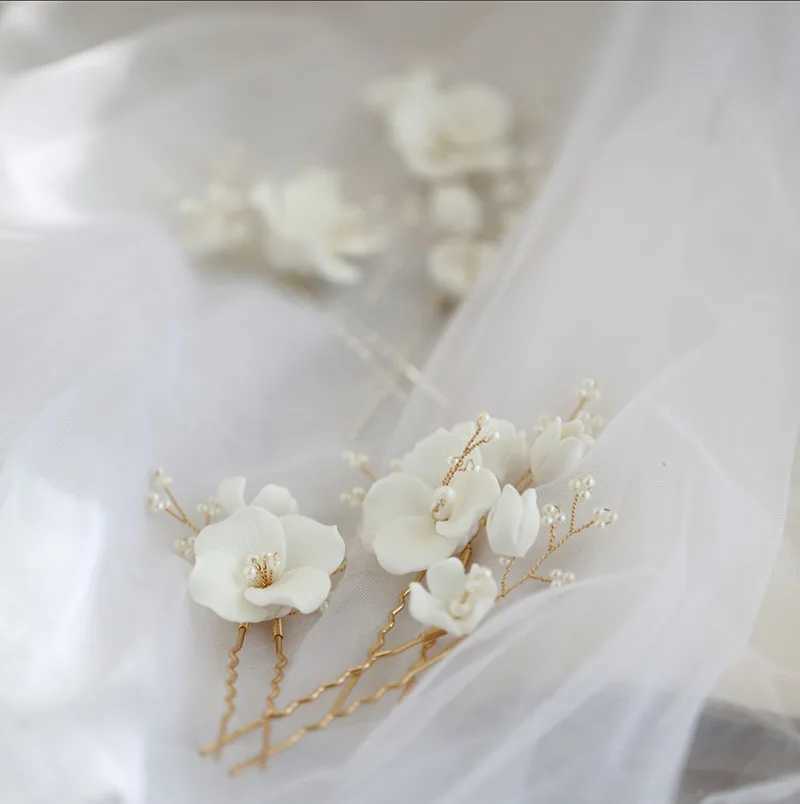 SLBRIDAL Handmade Ins Style Ceramic Flower Pearls Bridal Hair Pin Set Wedding Hair Sticker Hair Accessories Women Hair JewelryX240913