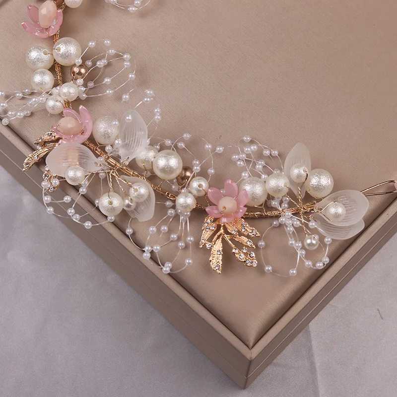 handmade bride hair accessories pink flower wedding headdress crystal headpiece pearl headband for women weddingX240913