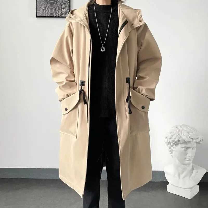 2023 Spring Autumn Army Green Windbreaker Fashion Men Mid-length Casual Hooded Coat Men Daily High Street Overcoat Male Clothes Y240913