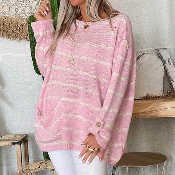 2024 autumn winter new plus size with contrasting stripes, round neck loose and versatile, lazy style sweater for women