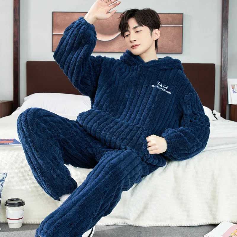 New Winter Mens Pajama Sets 2024 Thick Warm Hooded 2 Piece Homewear Set for Men Flannel Sleepwear Loose Long Sleeve Pajamas Men Y240913