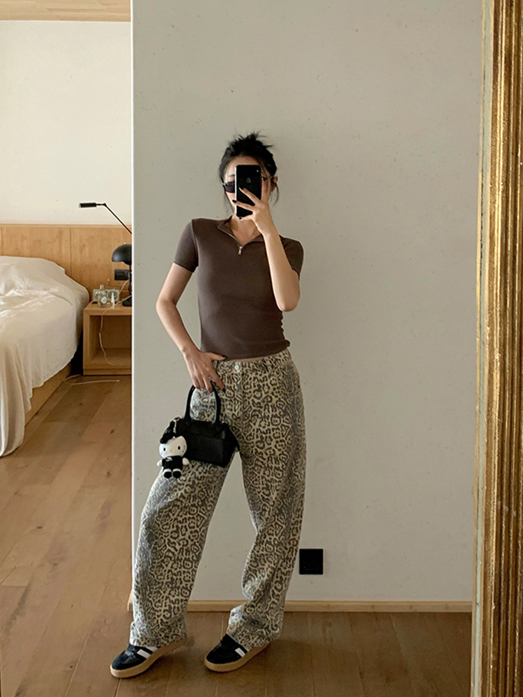 Gothic Women's Leopard Print Vintage Casual Streetwear High Waist Loose Trashy Pants Y2K Baggy Trouser Denim Jeans