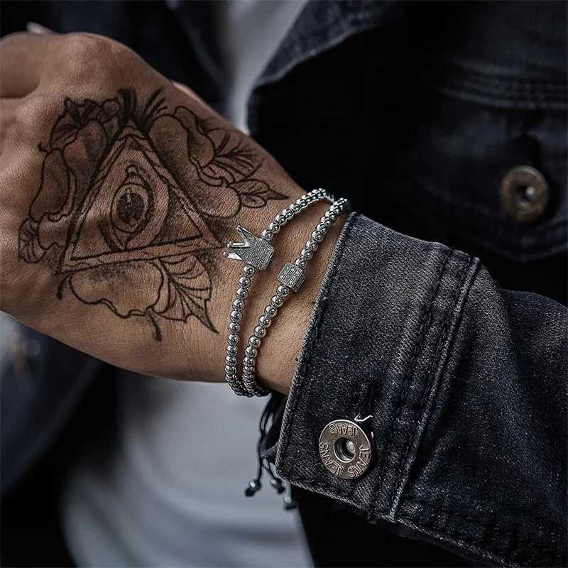 2Pcs/Sets Classic Men Crown Stainless Steel Beads Bracelet Rectangle Linear Inlaid Zircon Punk Charms Bracelet Man Women JewelryX240913