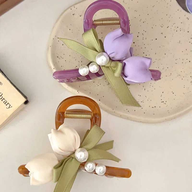Exquisite Summer Hair Claw with Tulip Flowers and Pearls Gentle and Sweet Hair Accessory Luxurious bowknot butterfly claw clipsX240912