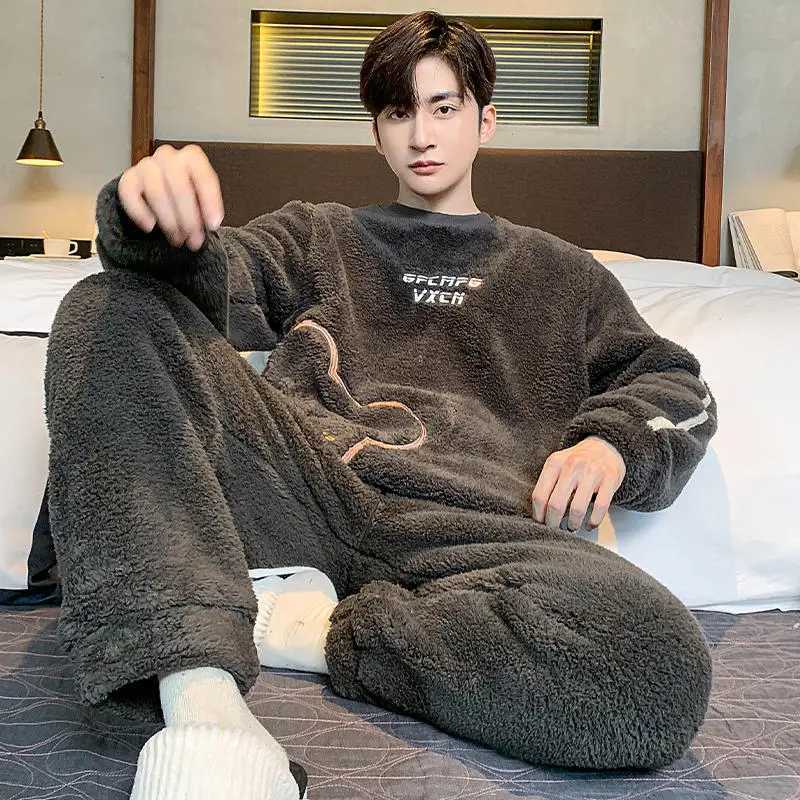 2024 Winter Men Fleece Casual Long Sleeve Pajamas Set Coral Velvet Cute Cartoon Sleepwear Plush Thicken Warm Homewear 3XL Y240913