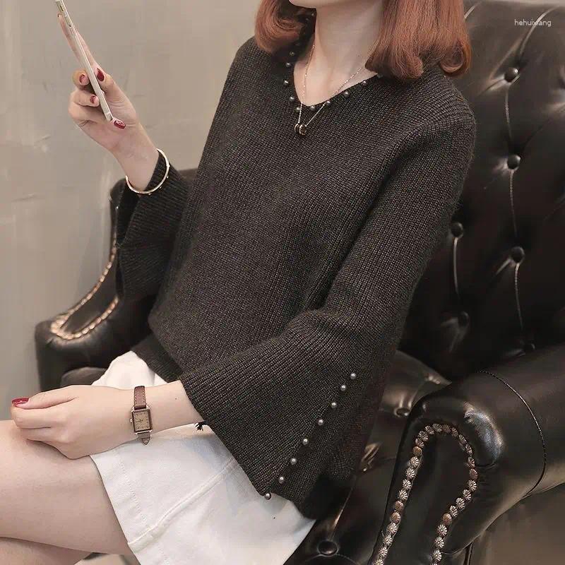 Women's Sweaters Vintage V-Neck Stylish Beading Female Clothing Flare Sleeve Autumn Winter All-match Solid Color Casual Knitted Jumpers