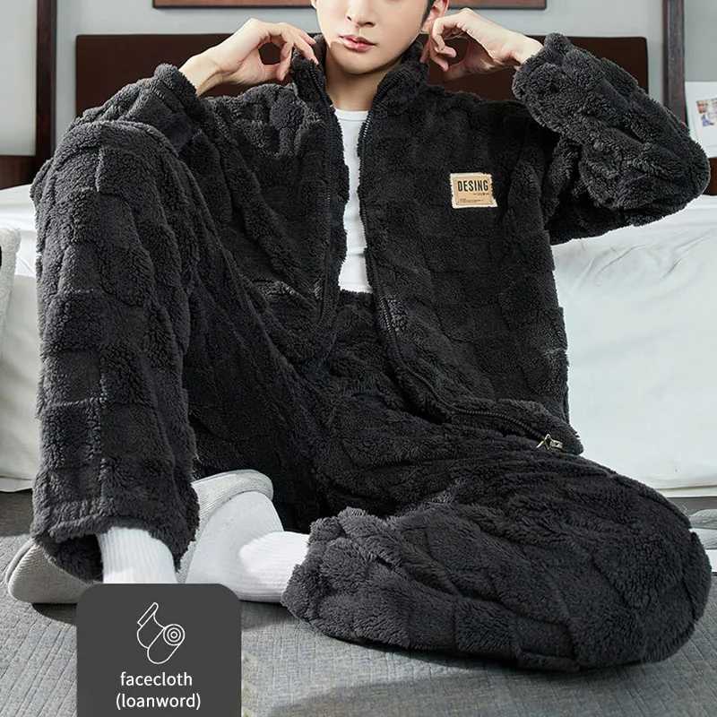 Autumn and Winter Long Plush Mens Pajamas Plaid Flannel Pyjama Pants 2 Piece Home Wear Man Velvet Thickened Sleepwear Zipper Pj Y240913