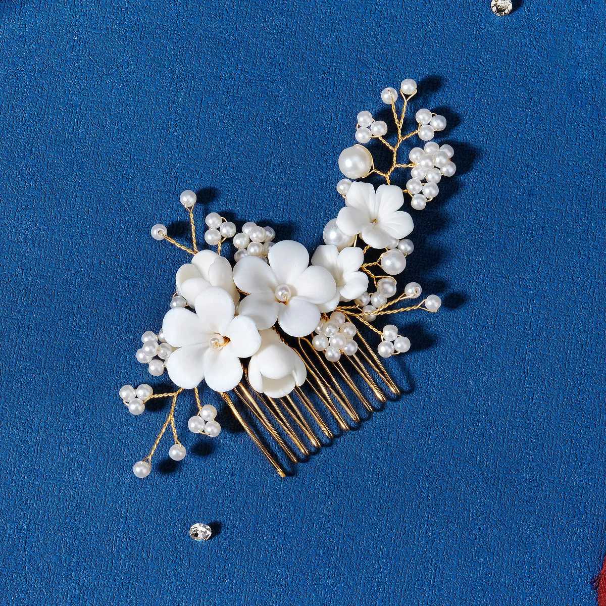 White Ceramics Flower Hair Combs Bride Wedding Hairpins Side Clips Pearl Headpiece Rhinestone Women Hair Jewelry AccessoriesX240913