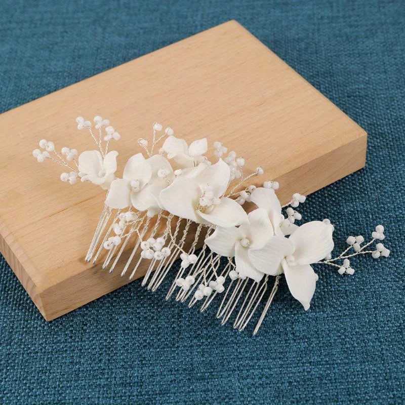 Bridal Rhinestone Ceramic Flower Side Comb Hair Clip Headpiece Wedding Hair Accessory Styling Hair Clip Headband Wedding PartyX240913