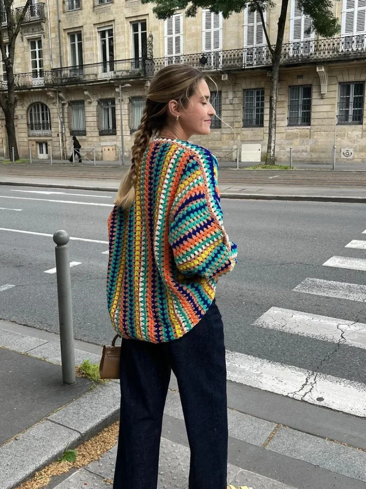 Colorful Stripes Contrasting Crochet Knitted Cardigan Women Casual Long Sleeves Loose Coat Autumn Lady Commuting Street Knitwear 240904