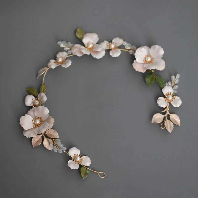 SLBRIDAL Handmade Ins Style Alloy Green Leaf Crystal Rhinestone Pearls Bridal Headband Wedding Headdress Hair Accessories WomenX240913