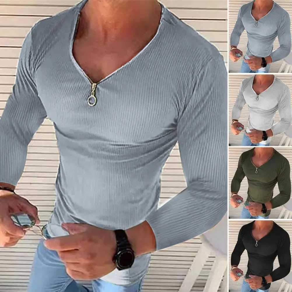 Mens solid color long sleeved V-neck satin elastic street clothing spring and autumn slim fit zipper T-shirt top-level mens clothing W240913