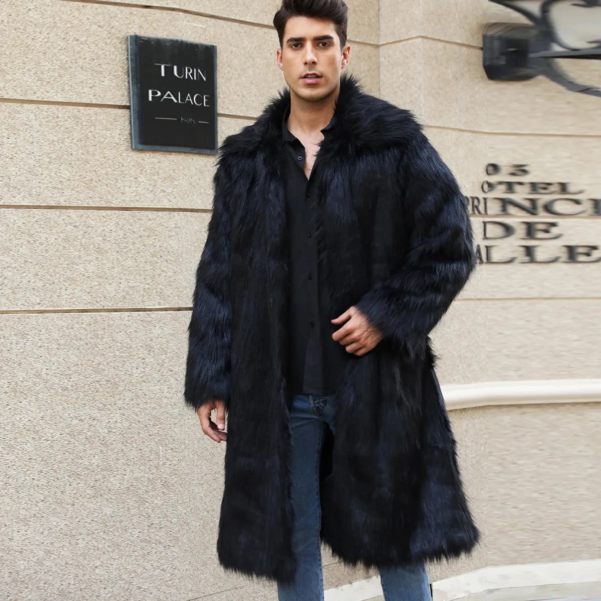 Coat Mens Warm Faux Fur Loose Autumn Winter Brown Long Coats Turn Down Collar Sleeve Men High Waist Maxi Elegant Jacket 240911