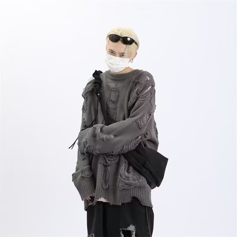 Halloween Men Sweaters Shabby style Fake two sweaters for men in winter thick and perforated trendy knitted sweater lazy style Mens crew neck sweater