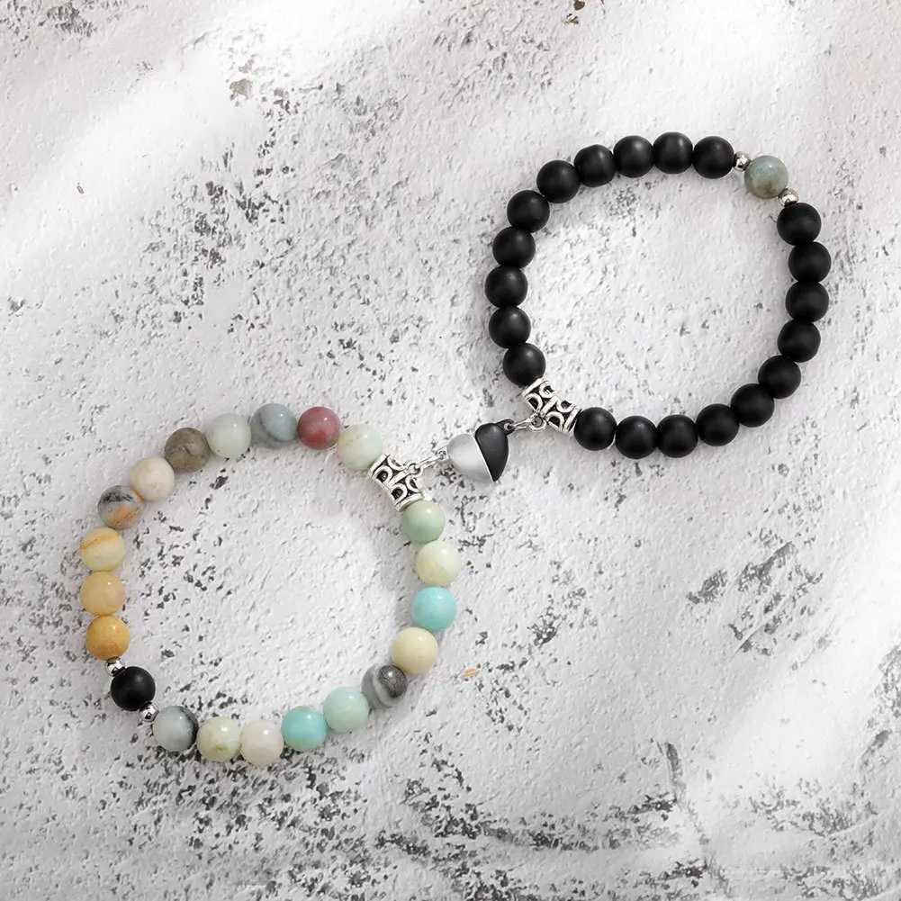 2PCS/Set Bead Bracelet Couple Natural Stone Distance Magnetic Heart Bracelet Mens Fashion Wedding Jewelry Gift W240913