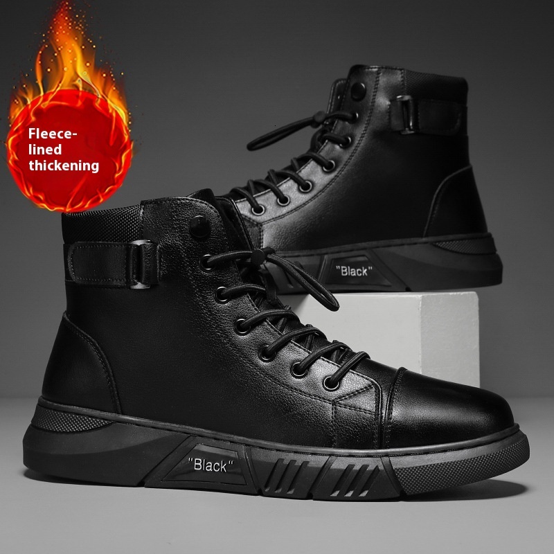 Winter New Cotton Shoes, Men's Lace up High Top Martin Boots, Youth Fashion Plush Insulation, Thick Sole Outdoor Leather Boots
