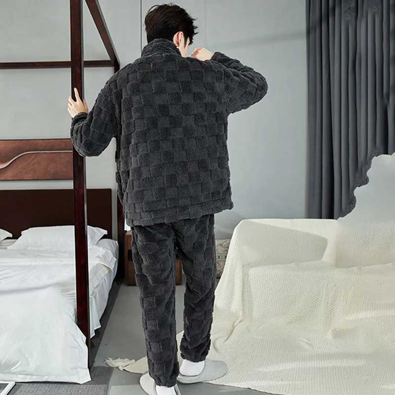 Autumn and Winter Long Plush Mens Pajamas Plaid Flannel Pyjama Pants 2 Piece Home Wear Man Velvet Thickened Sleepwear Zipper Pj Y240913