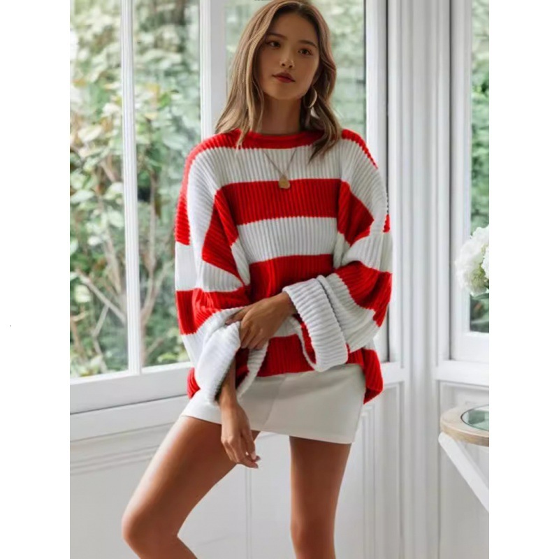 2024 autumn and winter round neck long sleeved color blocked striped knitted for women's trumpet sleeve sweater