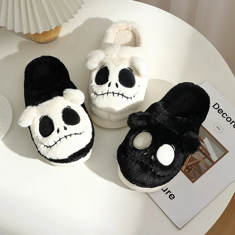 Women Halloween Gothic Home Fur Slipper Winter Plush Warm Indoor Cotton Shoes Cute Funny Ghost Skull Thick Sole Soft Slides 240911