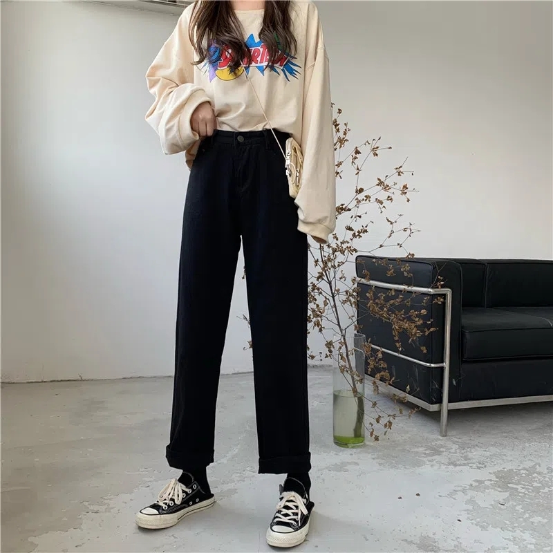 Straight jeans women's high waist versatile 2024 autumn new loose and thin dad casual wide-leg pants