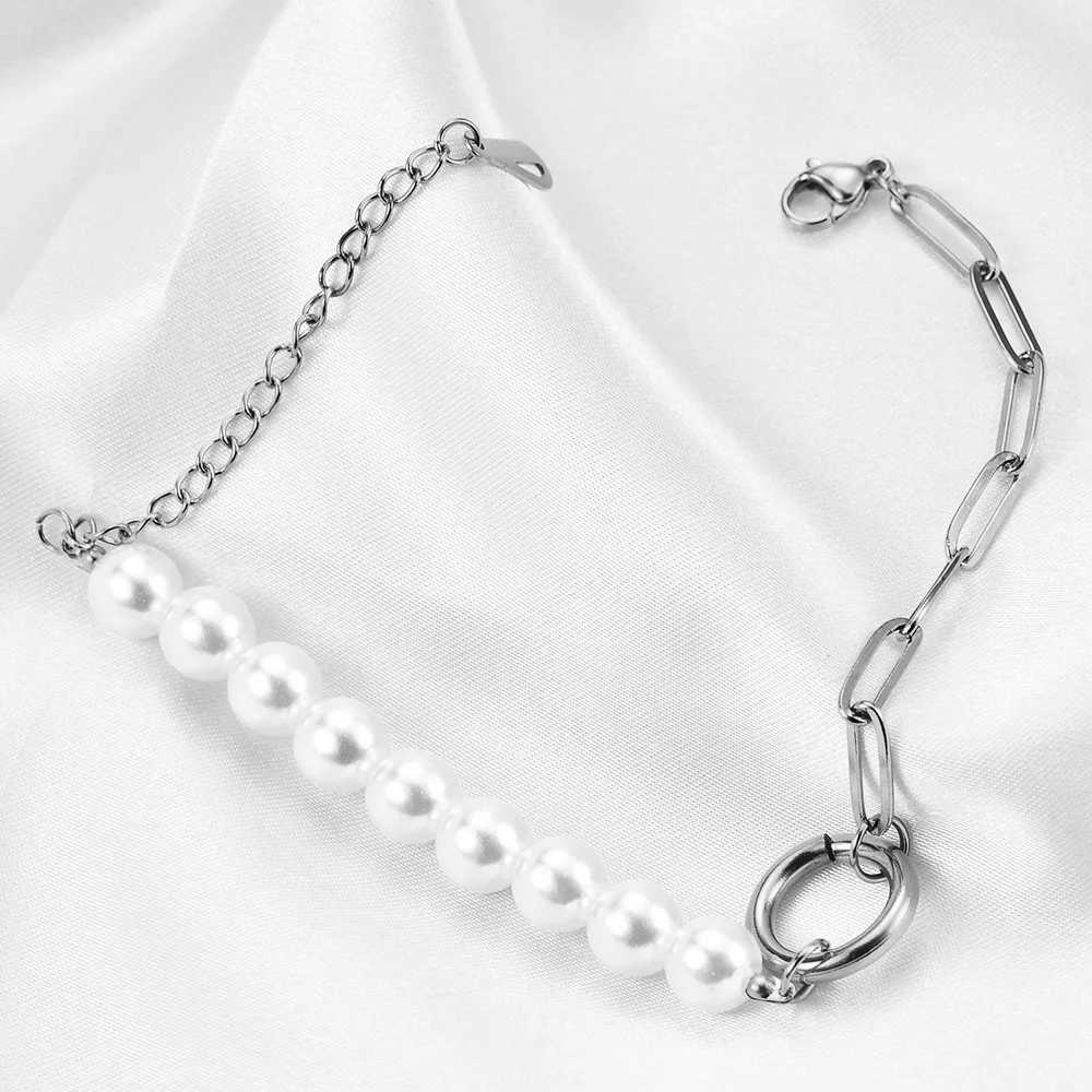 HNSP Stainless Steel Imitation Pearl Bracelet For Women Vintage Design Stitching Hand Chain Jewelry AccessoriesX240913