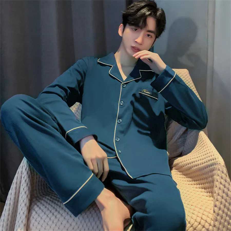 New 2024 Mens Cotton Pajamas Set Solid Color Long Sleeve Home Clothes for Man Four Season Casual Sleepwear 2 Pieces Loungewear Y240913