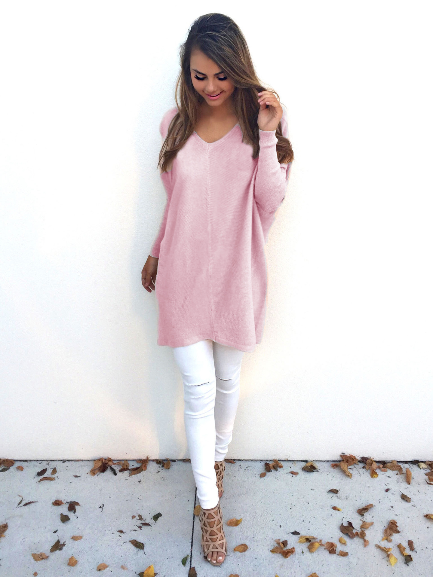 Fashion autumn V-neck long sleeved women's thin sweater