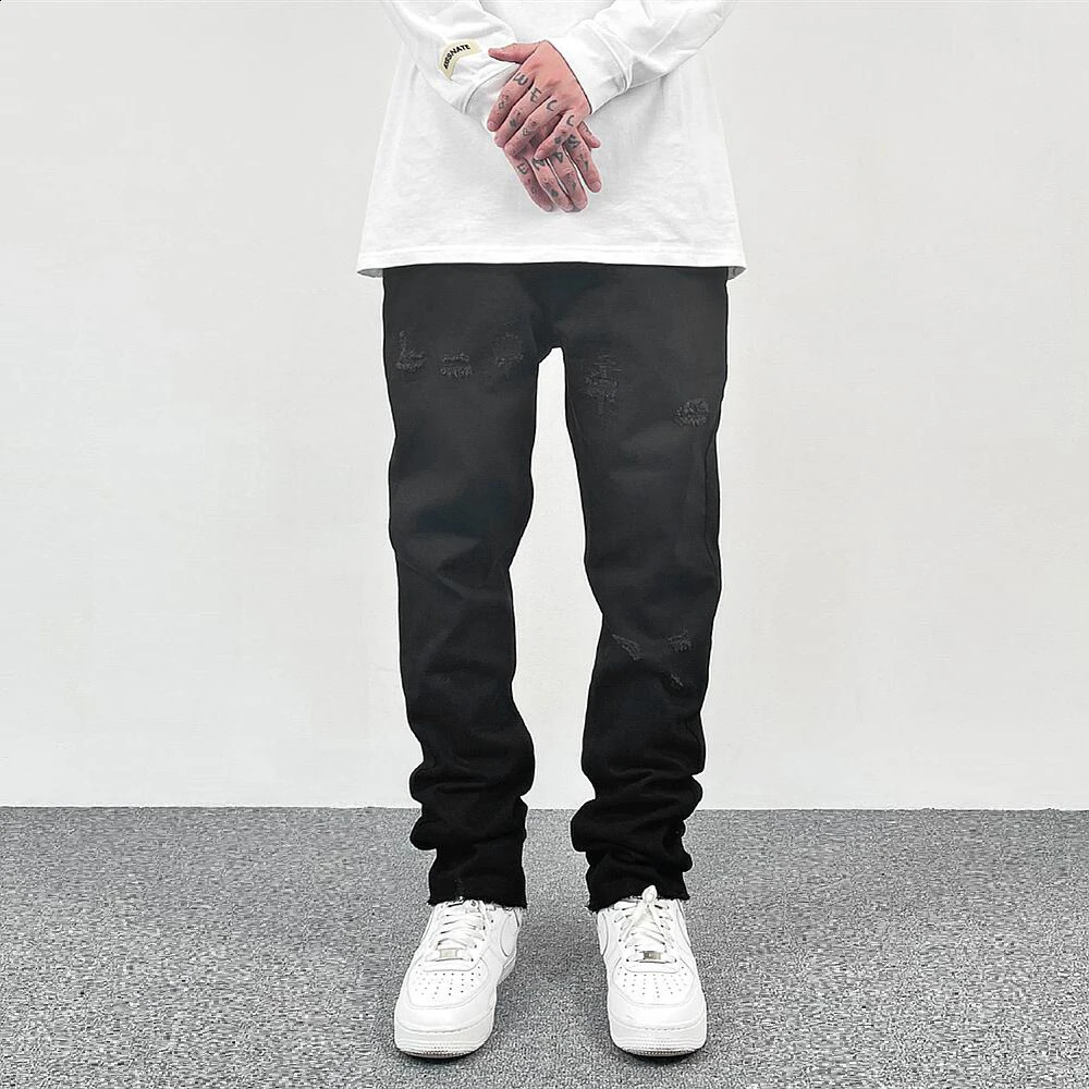 Original Tie-dyed Ripped Flared Denim Jean for Men Streetwear Washed Hole Casual Stacked Jeans Pants Mens Slim Fit Jeans 240830