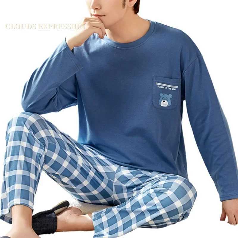 Spring 3XL Knitted Pjs Long Sleeved Mens Pajamas Sets Male Pajama Plaid Pajama For Masculine Sleepwear Suits Homewear Fashion Y240913