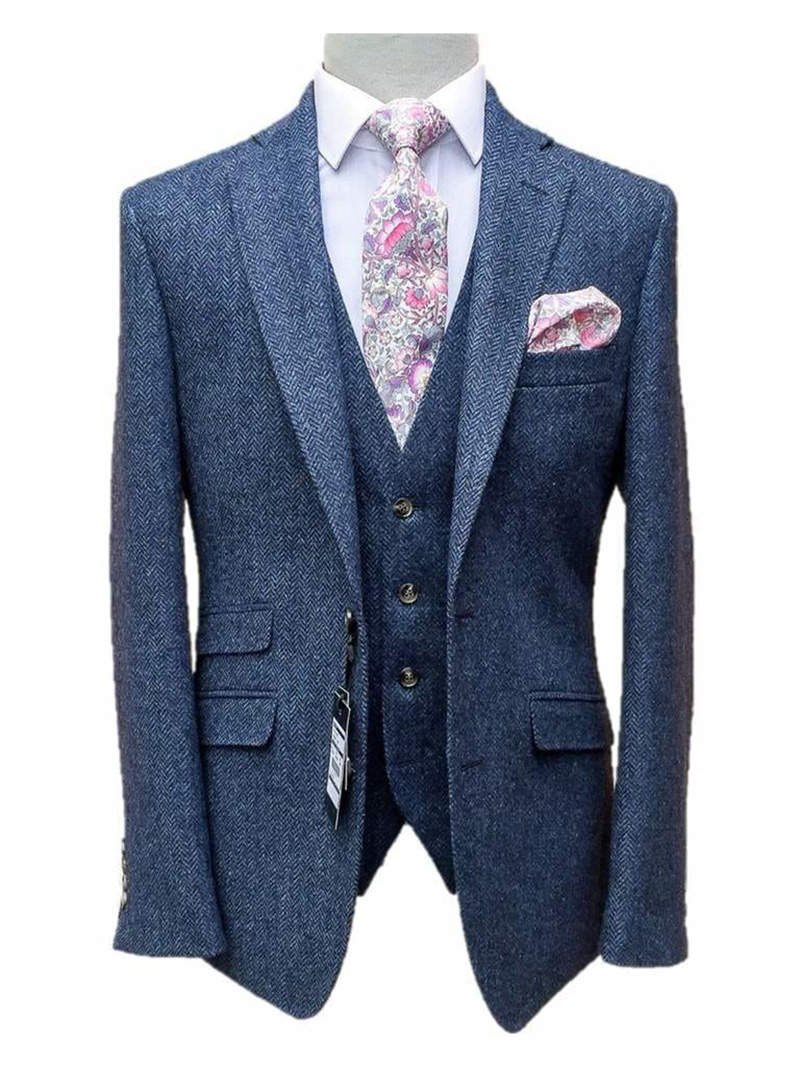 Handsome Wedding Men's Suit 3 Piece Set Notched Lapel Tailored Blazers Groom Jacket For Man Harringbone Custom Made Plus Size (Coat+Pants+Vest)